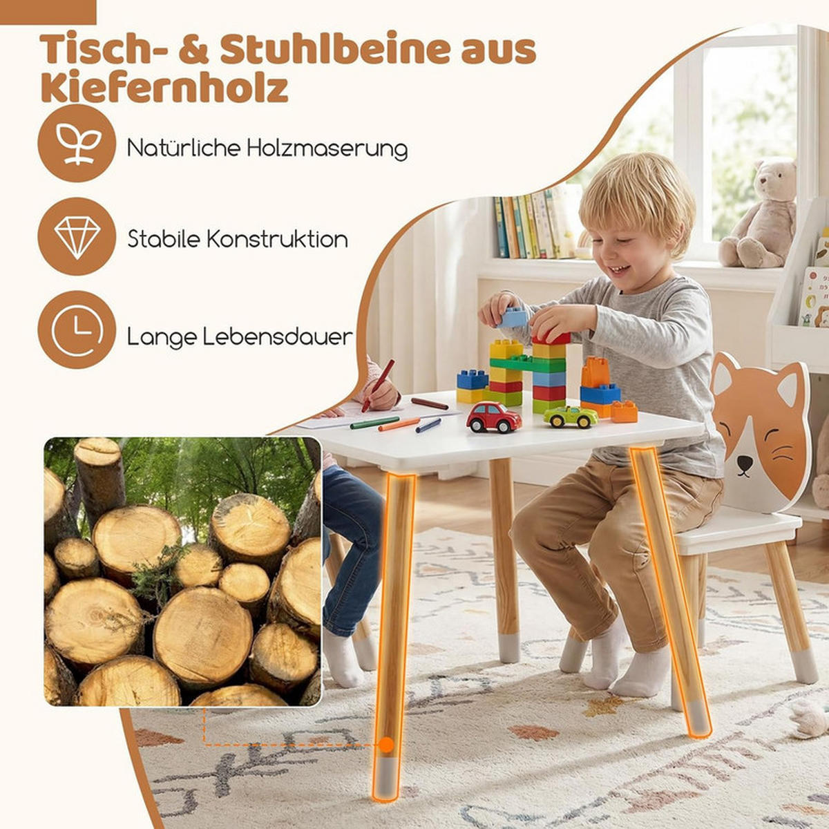 KINDERSITZGRUPPE Kiefernholzbeine weiß(3-tlg) - Weiß, Holzwerkstoff (50/44/50cm) - COSTWAY