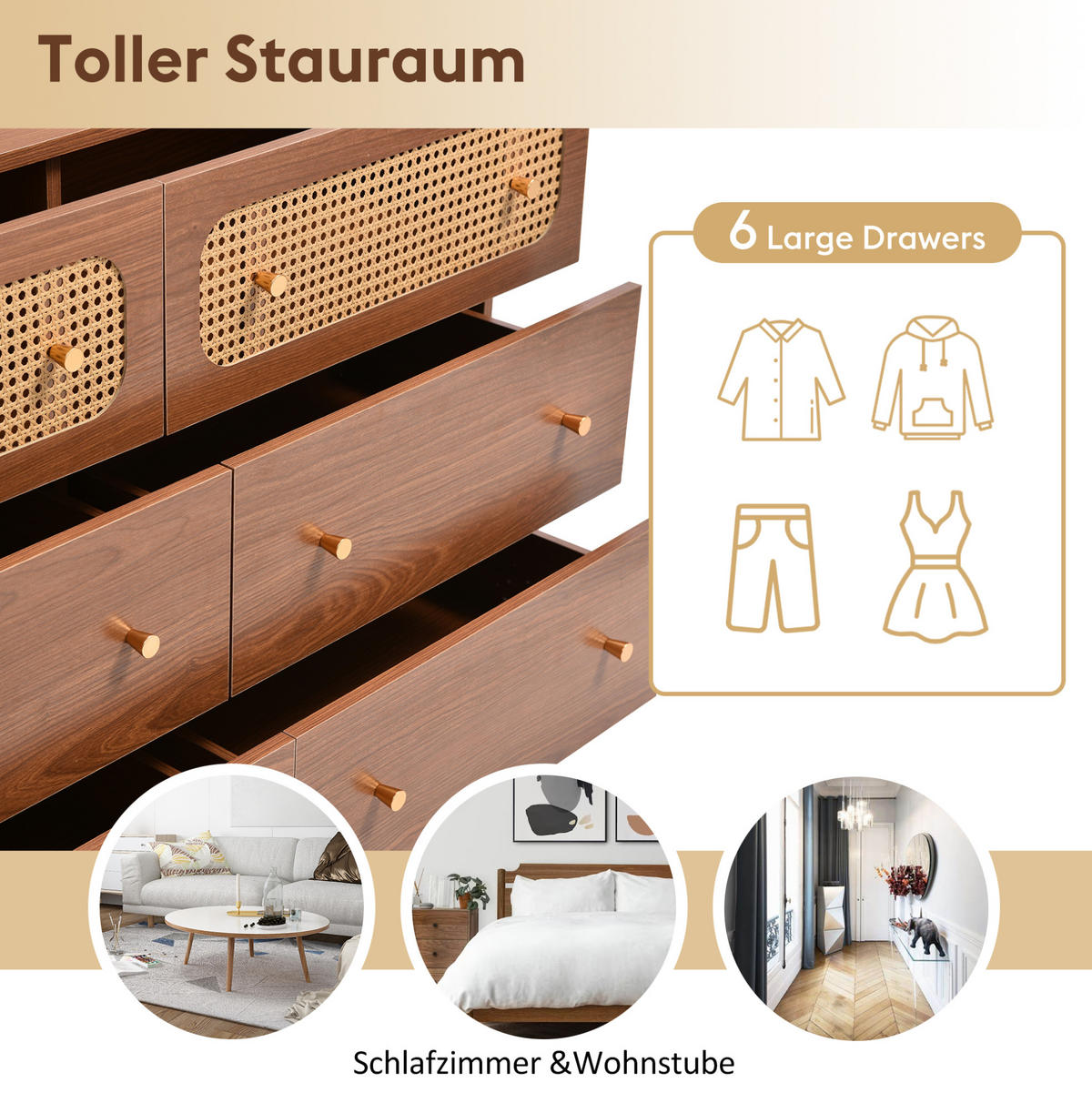 KOMMODE 120/90/40 cm Nussbaum aus Spanplatte, Metall und MDF mit 6 Schubladen - Naturfarben, Metall (40/90/120cm) - OKMYHOME