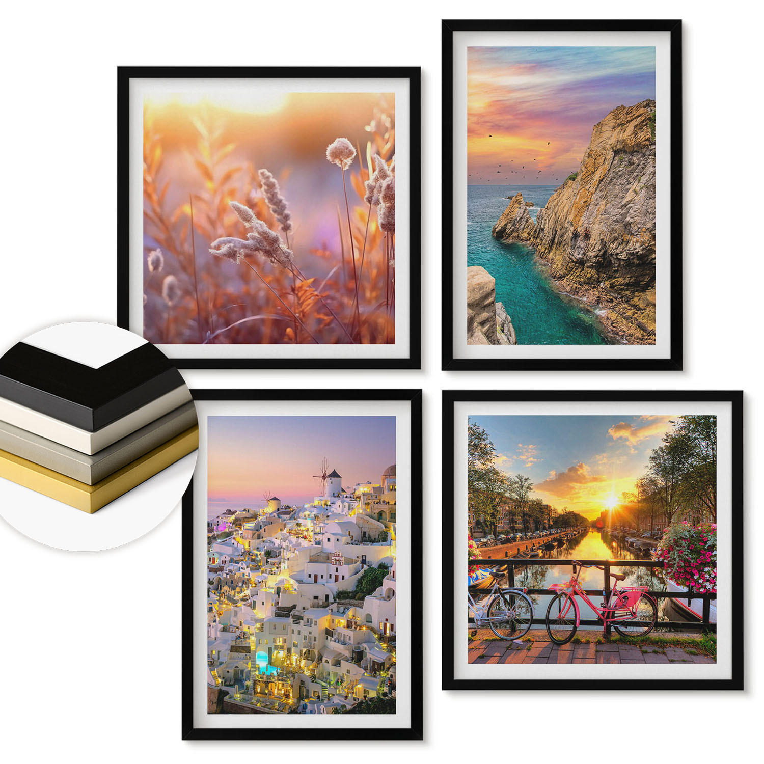 WANDBILDER 4er-Set - 50x50 cm & 40x60 cm Schwarzer Rahmen - Sonnenuntergänge am Meer - Schwarz, Kunststoff (50/50cm) - ArtPrintCave