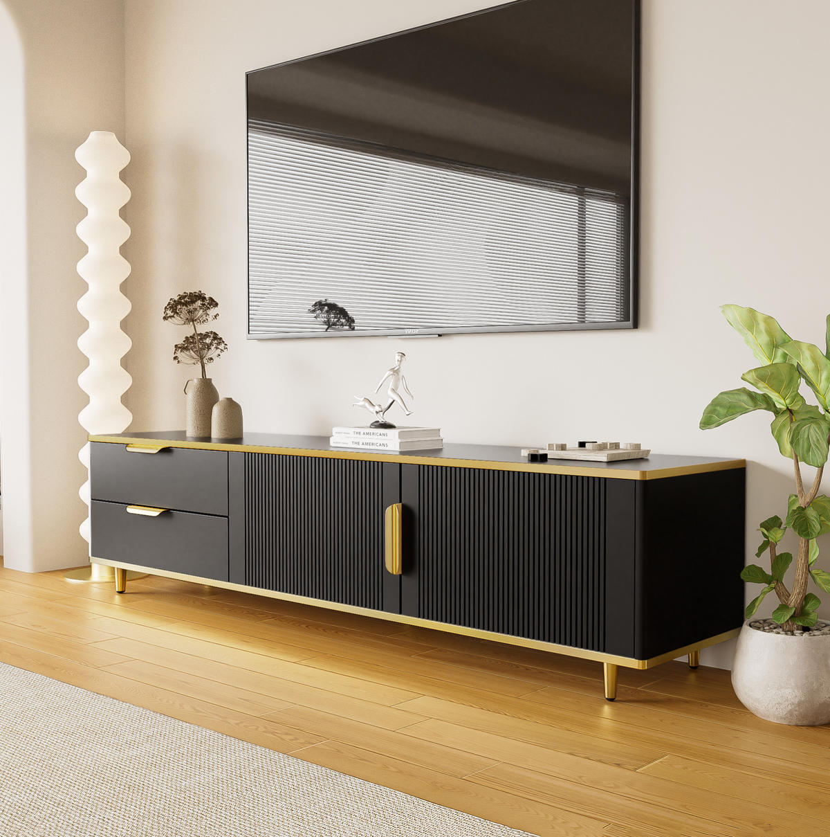 TV-LOWBOARD aus MDF und Spanplatte 170x45x37 cm Schwarz-Gold mit 2 Schubladen und 2 Türen, geschnitzte Front - Schwarz, Holzwerkstoff (175/45/40cm) - Modfu
