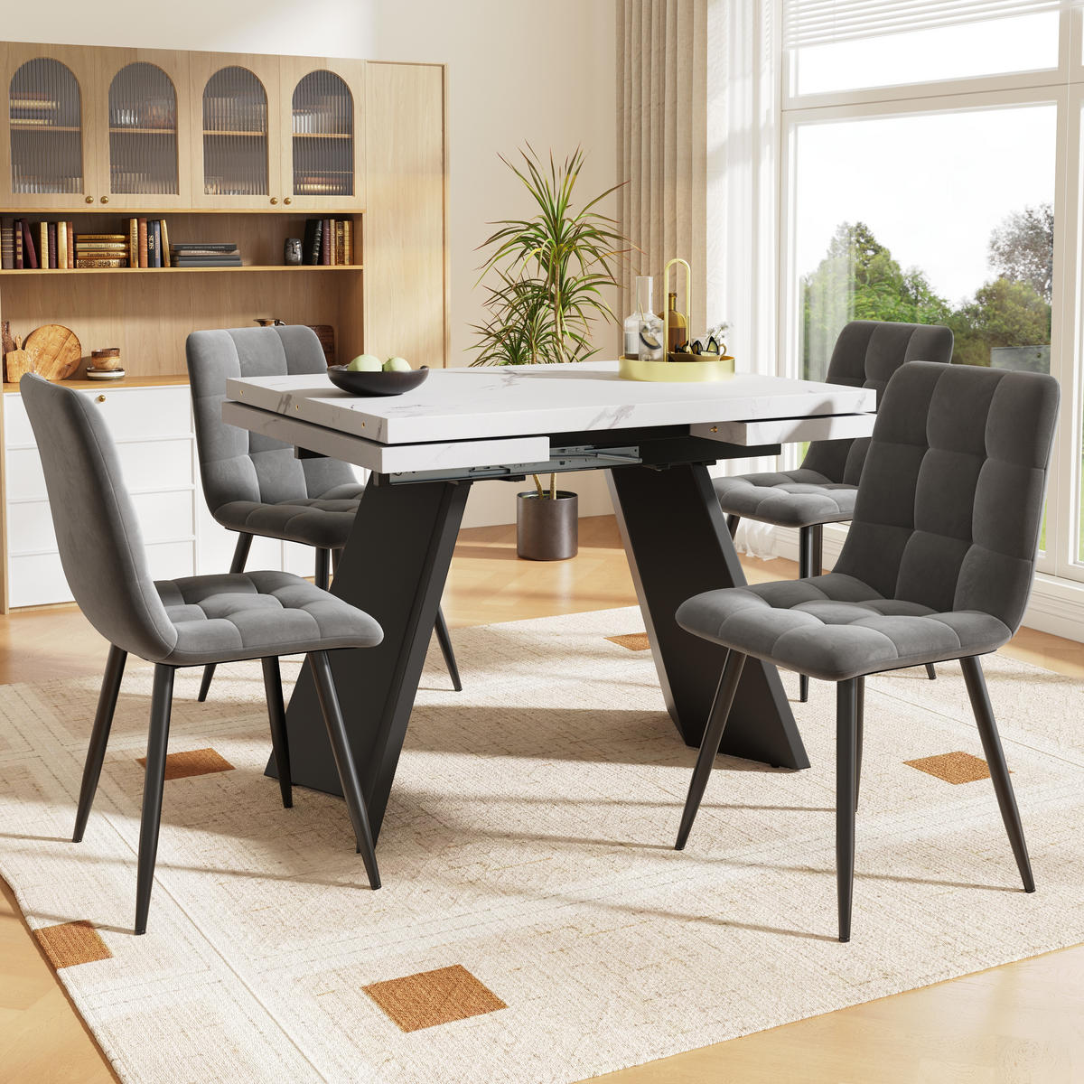 ESSTISCHSET 5-Teilig Ausziehbar 160x80 Cm, 4 Graue Samtstühle, Weiß - Multicolor, Metall (74/77/160cm) - FLIEKS