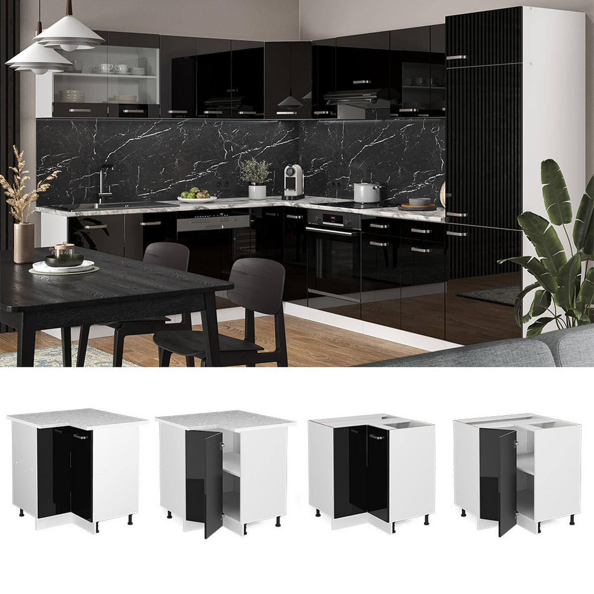 ECKUNTERSCHRANK R-Line Schwarz Hochglanz 75.6 cm, AP Anthrazit - Schwarz Hochglanz/Schwarz, Holzwerkstoff (75.6/81.6/60cm) - Vicco