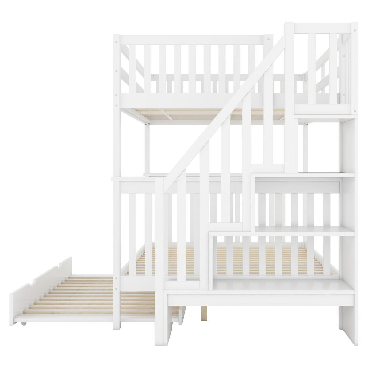 ETAGENBETT aus Kiefer und MDF 140x200 cm Weiß mit Treppenregal, ausziehbarem Rollbett und hohem Geländer - Weiß, Holzwerkstoff (140/200cm) - Modfu