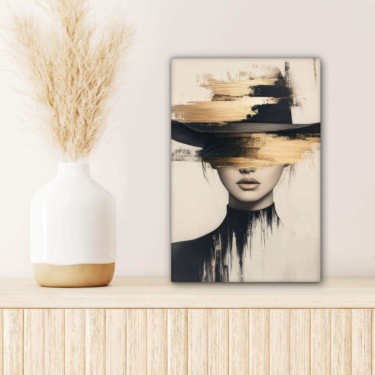 LEINWANDBILD Frau - Hut - Farbe 20x30 cm - Goldfarben, Textil (20/30cm) - MuchoWow