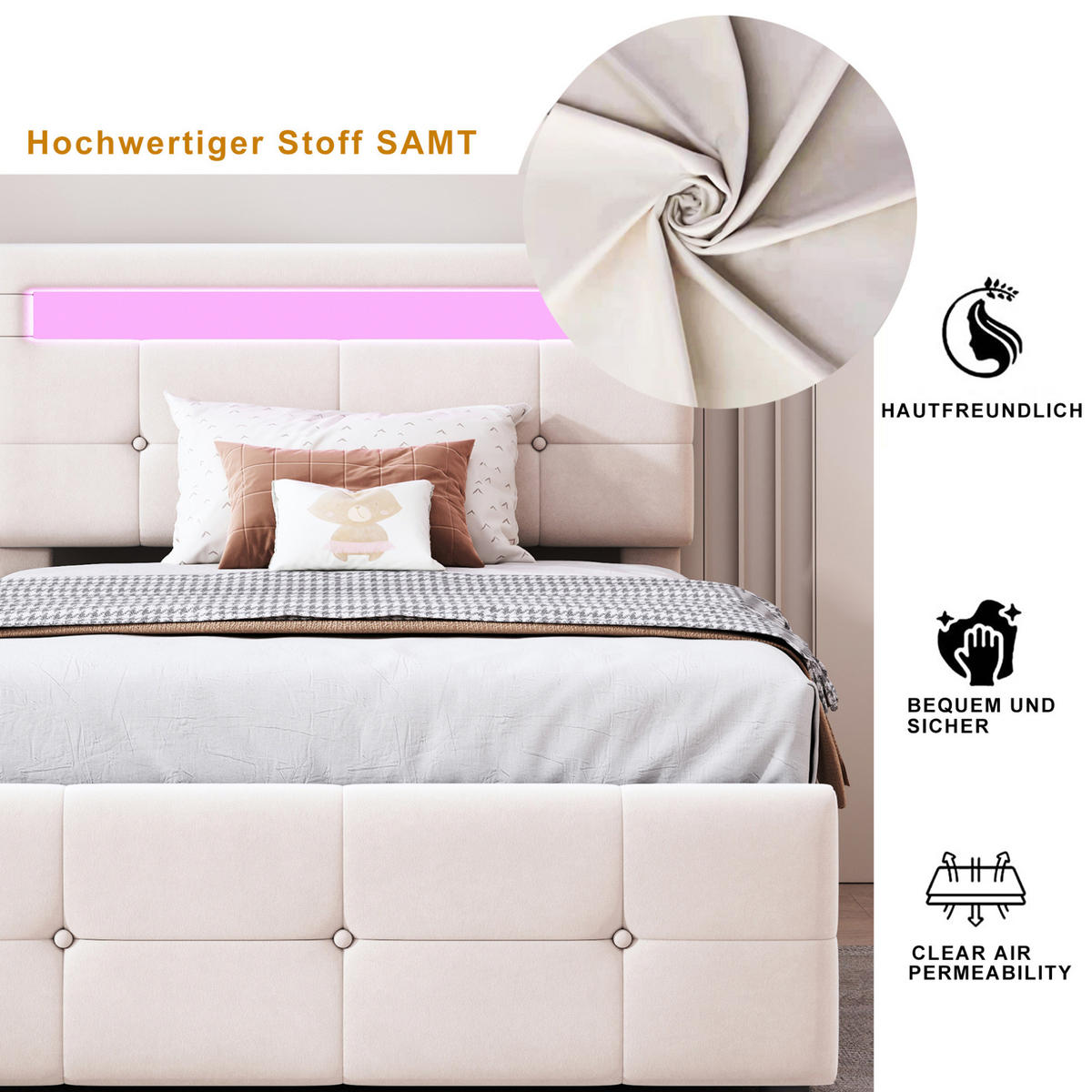 POLSTERBETT 90/200 cm Beige aus Samt mit LED-Beleuchtung und Stauraum - Beige, Textil (90/200cm) - OKMYHOME
