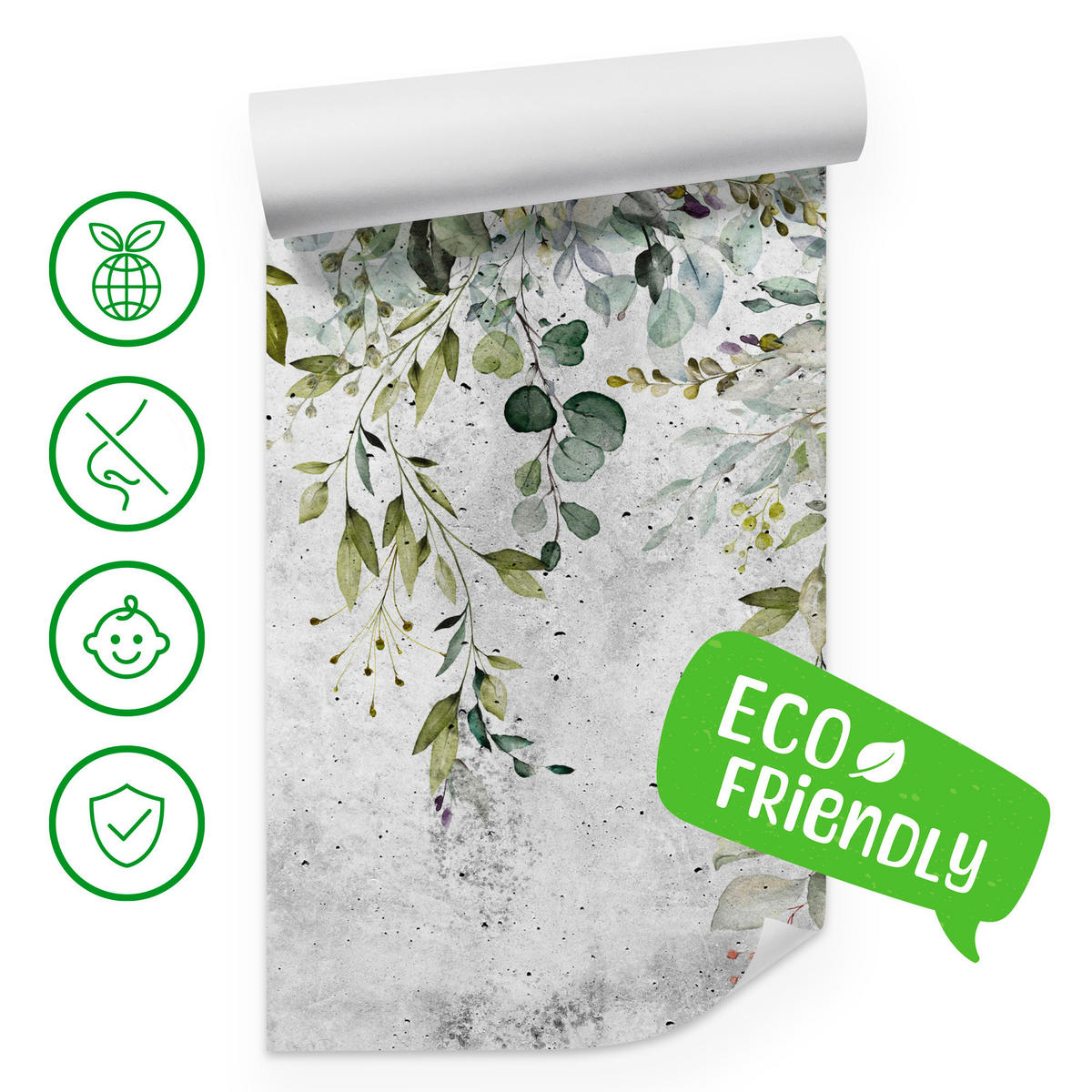 FOTOTAPETE Blätter auf Beton Abstraktion Vintage 350x256 - Grau/Grün, Papier (350/256cm) - Muralo