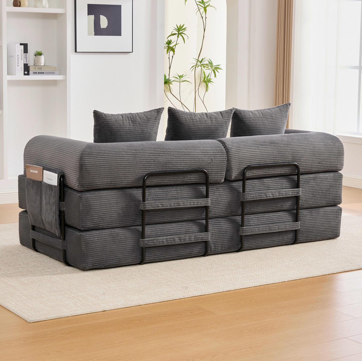 SOFA 200/94/67 cm aus Cord mit Metallgestell und 3 Kissen Dunkelgrau - Dunkelgrau, Textil (94/67/200cm) - Modenvie