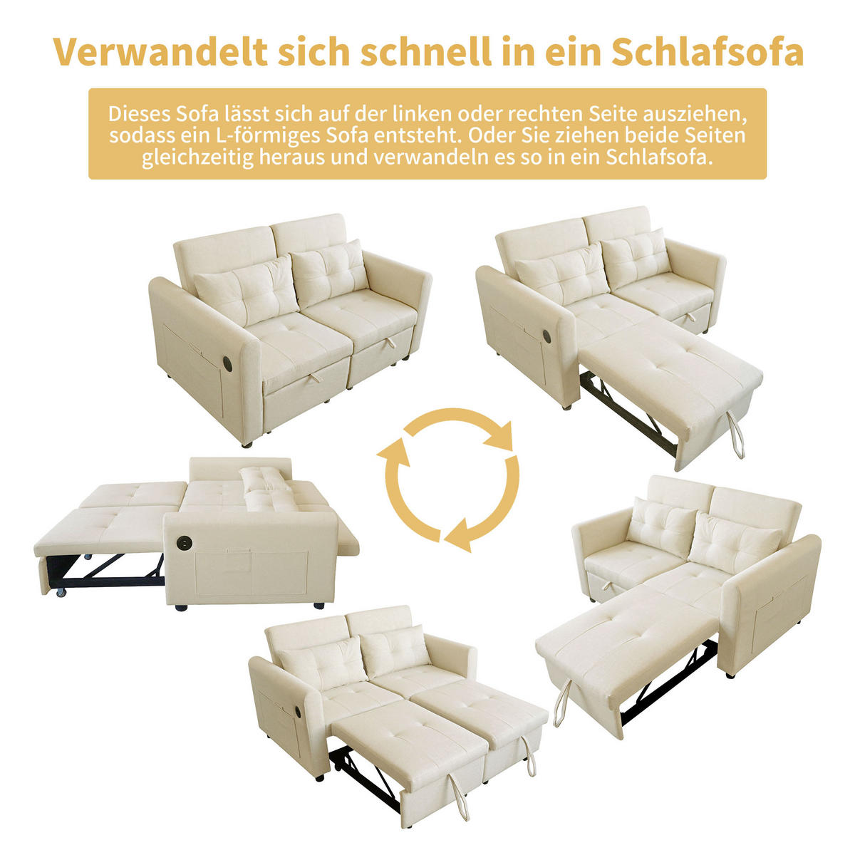 SCHLAFSOFA 3-in-1 Baumwoll-Leinen ausziehbar mit Rückenlehne 120/160/180 Grad Beige 142/85/83 cm - Beige, Textil (85/83/142cm) - Redom