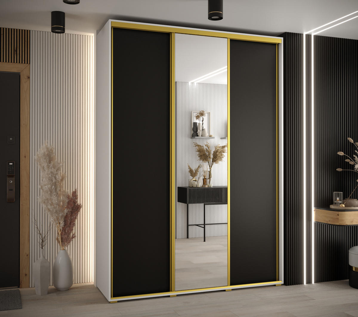 SCHWEBETÜRENSCHRANK 235,2/170/45 3-türig - Goldfarben/Schwarz, Holz/Metall (170/235/45cm) - Abiks Möbel
