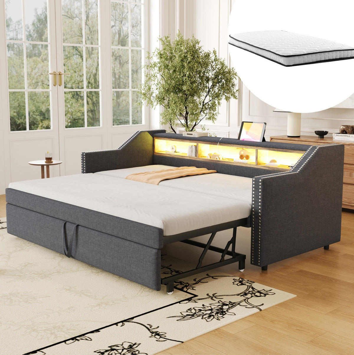 MULTIFUNKTIONSBETT 90/190 cm und 180/190 cm Dunkelgrau mit Staufach und LED-Beleuchtung Mit Matratze - Dunkelgrau, Textil (90/190cm) - OKWISH
