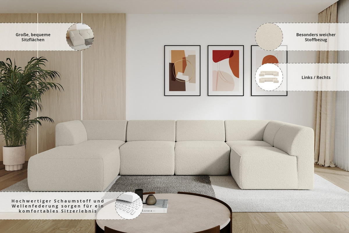 WOHNLANDSCHAFT Ottomane Links MOVA 345x180x78 Beige Bouclé - Sandfarben/Beige, Holzwerkstoff/Kunststoff (180/78/345cm) - ALTDECOR