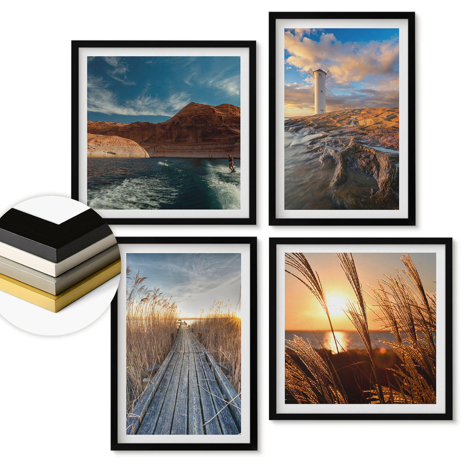 WANDBILDER 4er-Set - 50x50 cm & 40x60 cm Schwarzer Rahmen - Leuchtturm-Grassteg - Schwarz, Kunststoff (50/50cm) - ArtPrintCave