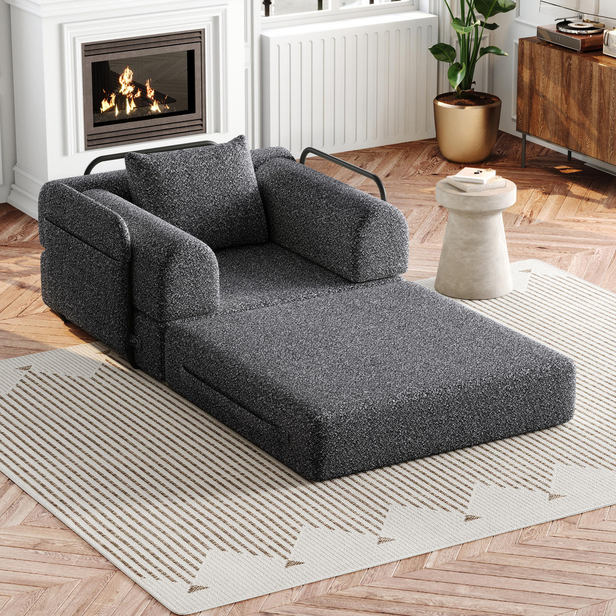 SCHLAFSOFA 2-in-1 mit Armlehnen-Ablagefach und Stahlrahmen grau Chenille 200/90/85 cm - Grau, Textil (94/49.5/94cm) - OKWISH