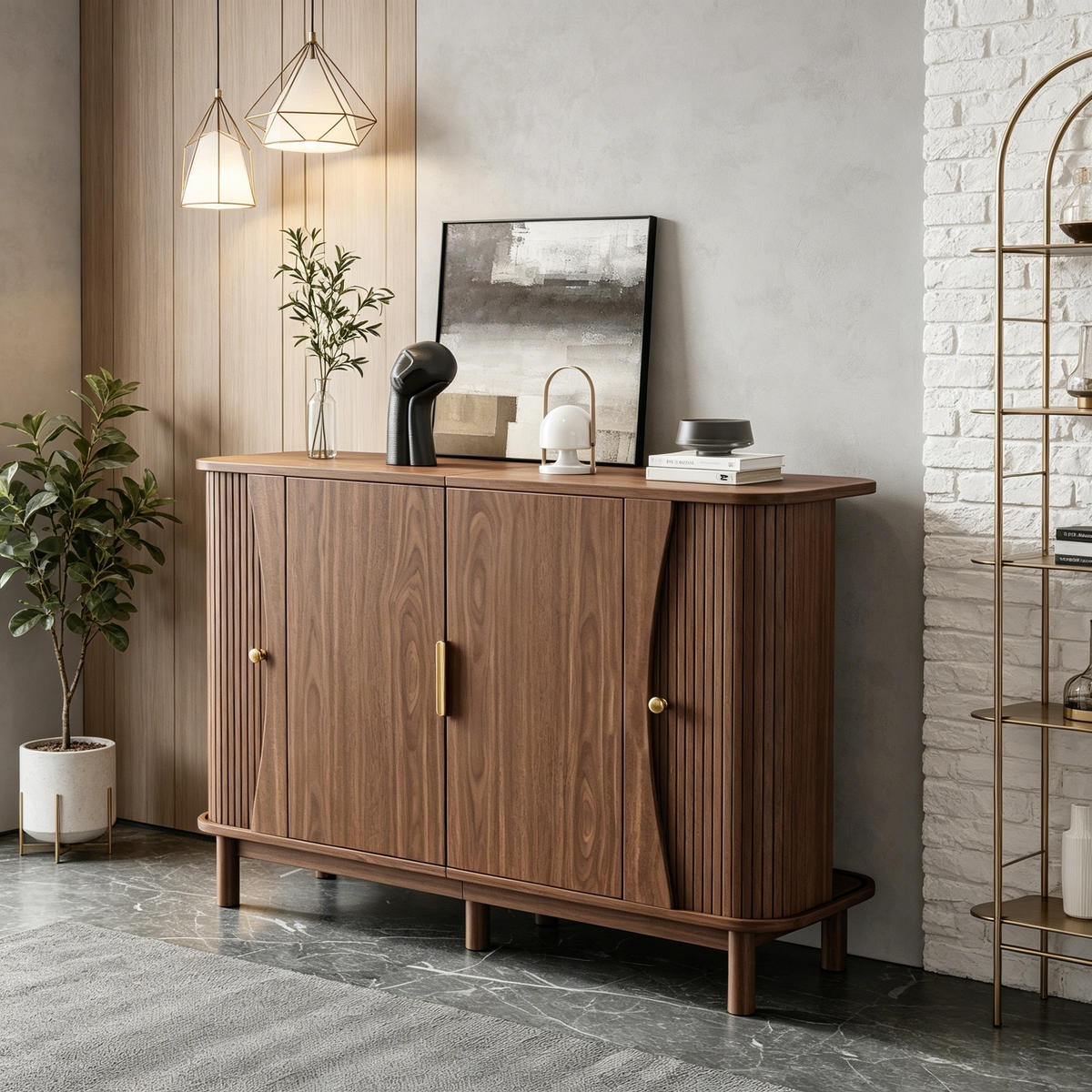 SIDEBOARD mit Stauraum und Schiebetüren,mit geschwungenen Kanten Walnuss 140/40/88 cm - Walnussfarben, Holzwerkstoff (140/88/40cm) - EVRYAE
