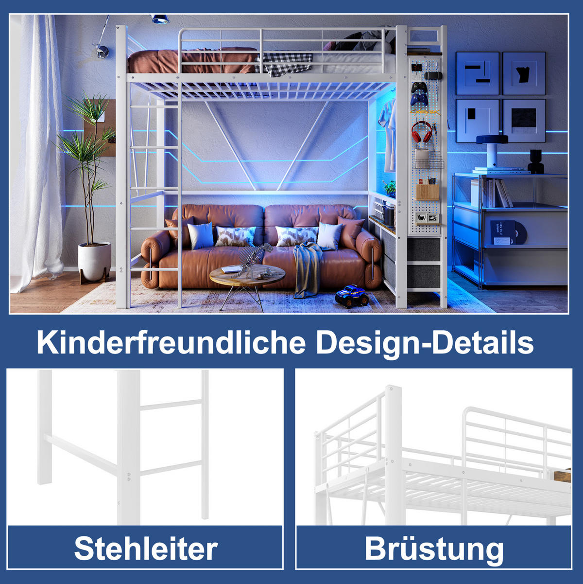 HOCHBETT 90/200 cm Weiß aus Metall mit LED-Leiste - Weiß, Metall (90/200cm) - OKMYHOME