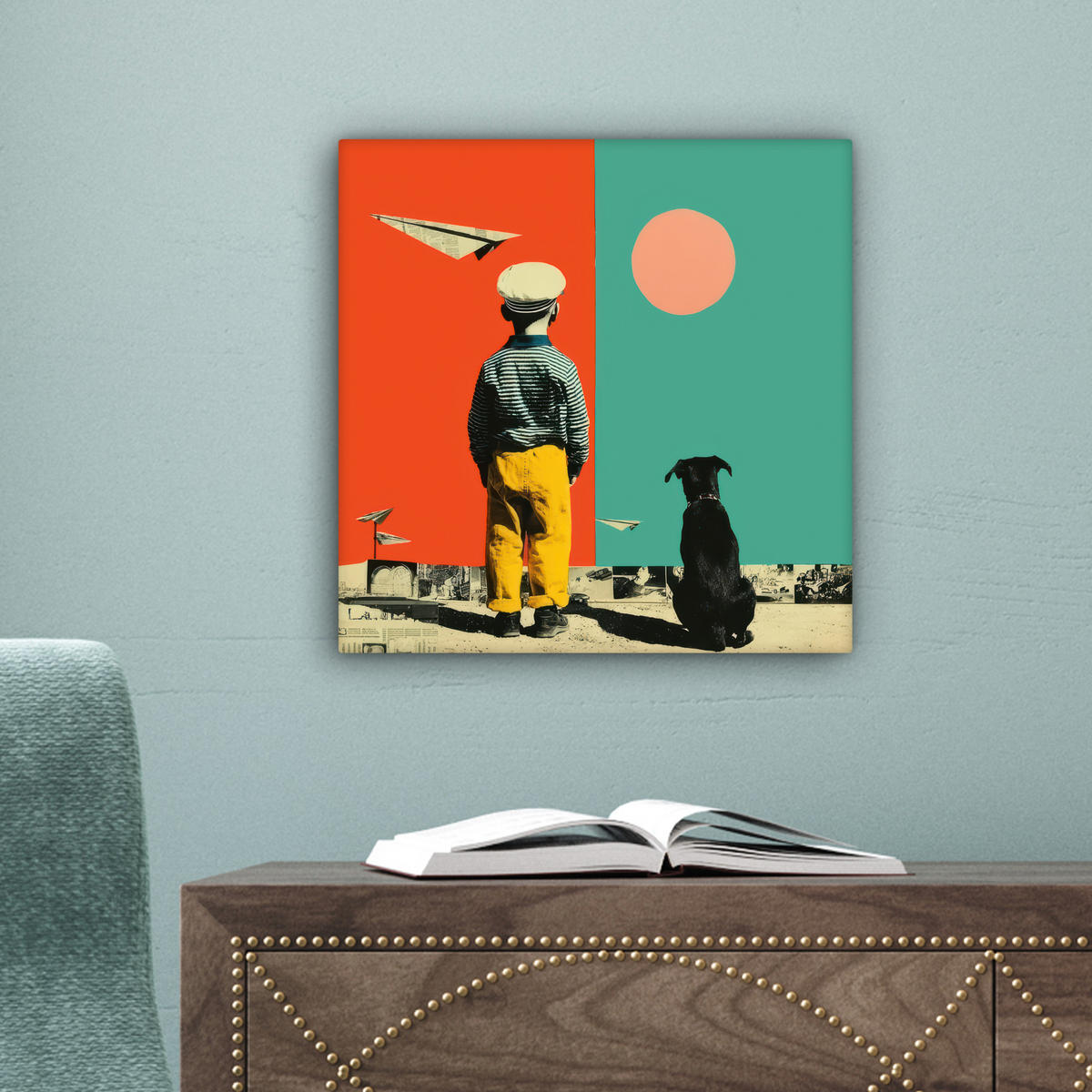 LEINWANDBILD Retro - Junge - Hund - Rot - Grün Deko Wohnzimmer 20x20 cm - Orange, Textil (20/20cm) - MuchoWow