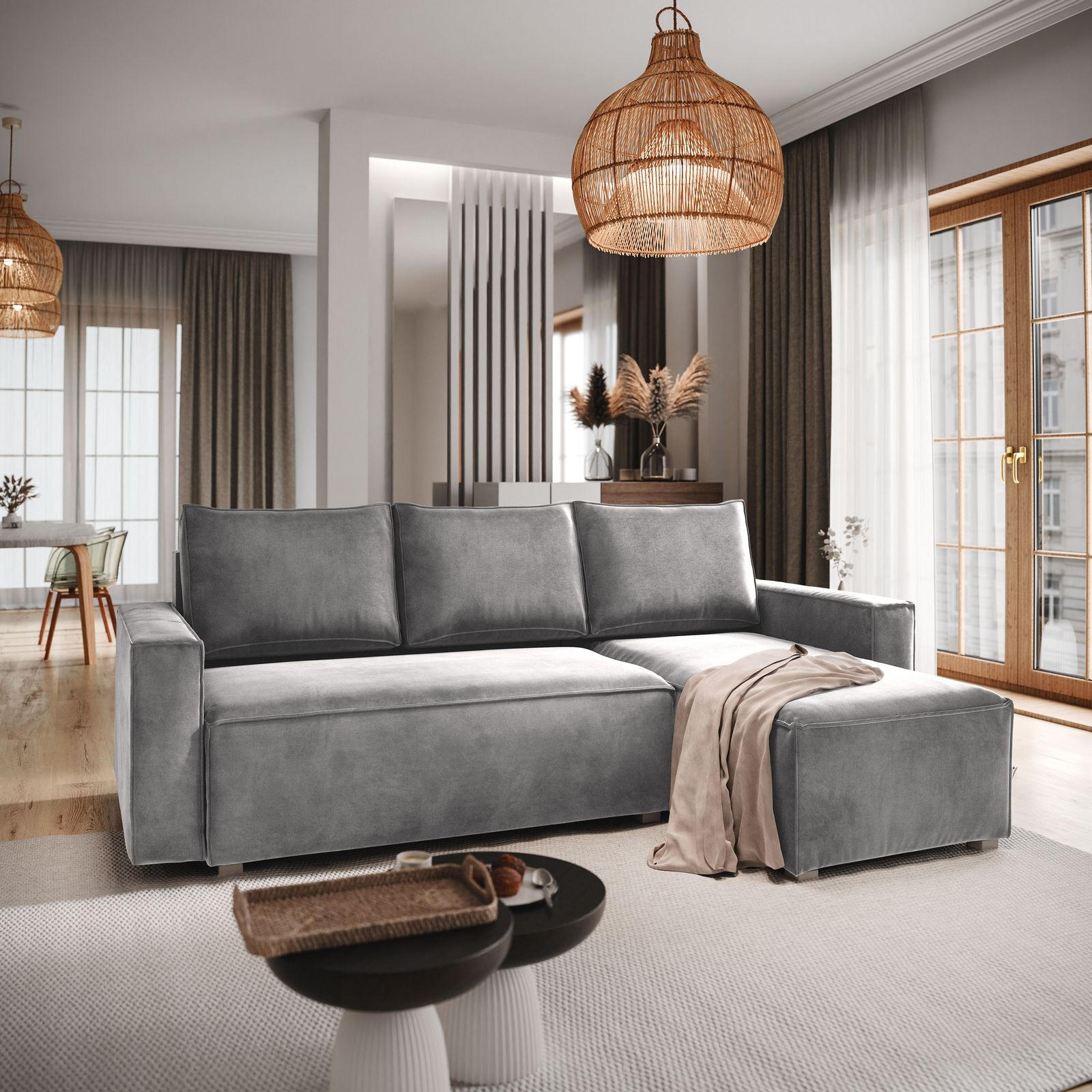 ECKSOFA SILES Hellgrau Velours-Stoff mit Schlaffunktion - Hellgrau, Holz (230/140cm) - MASSENO