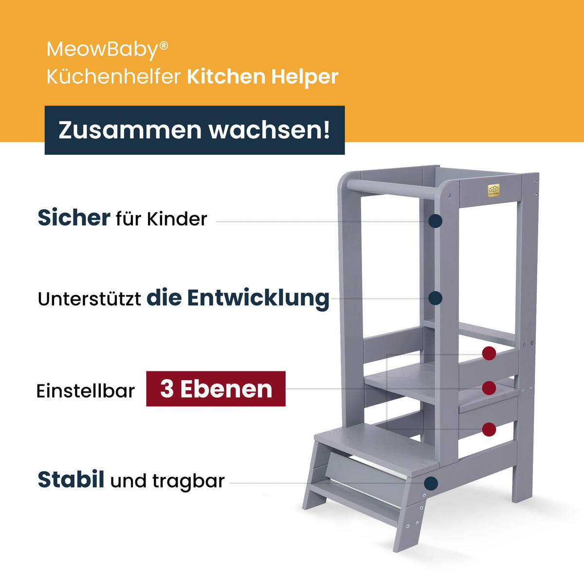 LERNTURM für Kinder, Natur Holz, Grau - Grau, Holz (39/90/90cm) - MeowBaby