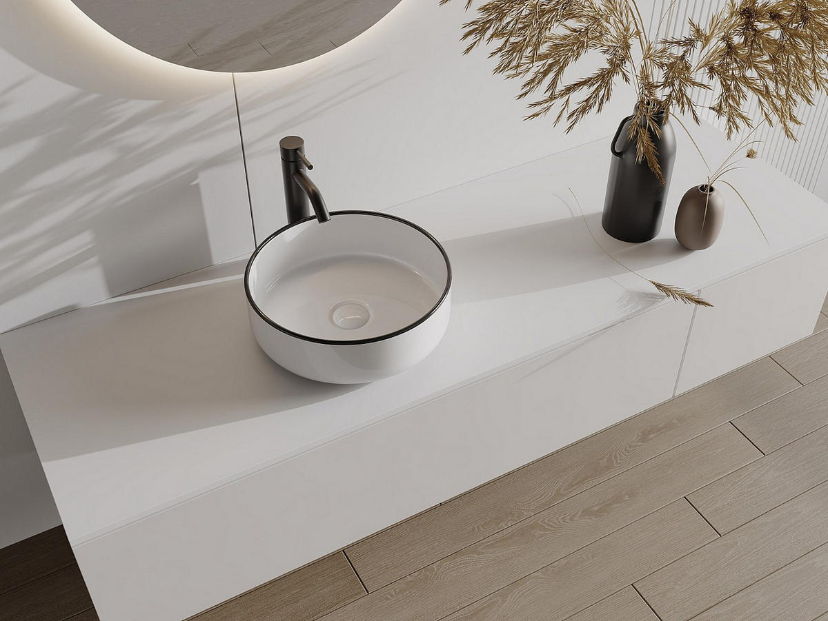 AUFSATZWASCHBECKEN rund - Keramik - Weiß mit schwarzer Umrandung - 36 cm - LENISO II - Schwarz, Keramik (36/12/36cm) - Vente-Unique