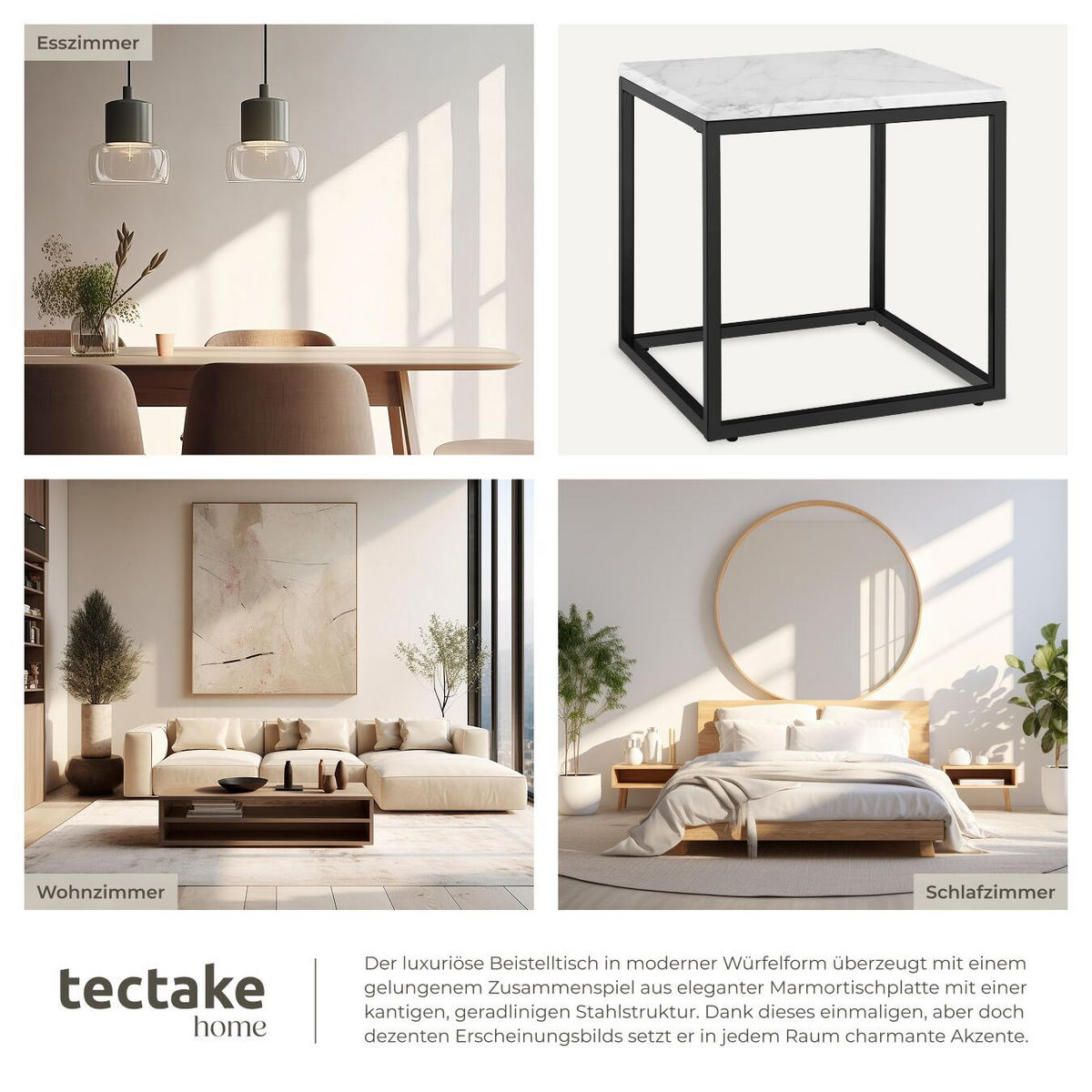 MARMOR-BEISTELLTISCH Alysia,mit höhenverstellbaren Kunststofffüßen,schwarz/weiß - Schwarz/Weiß, Stein (45/45/47.5cm) - tectake