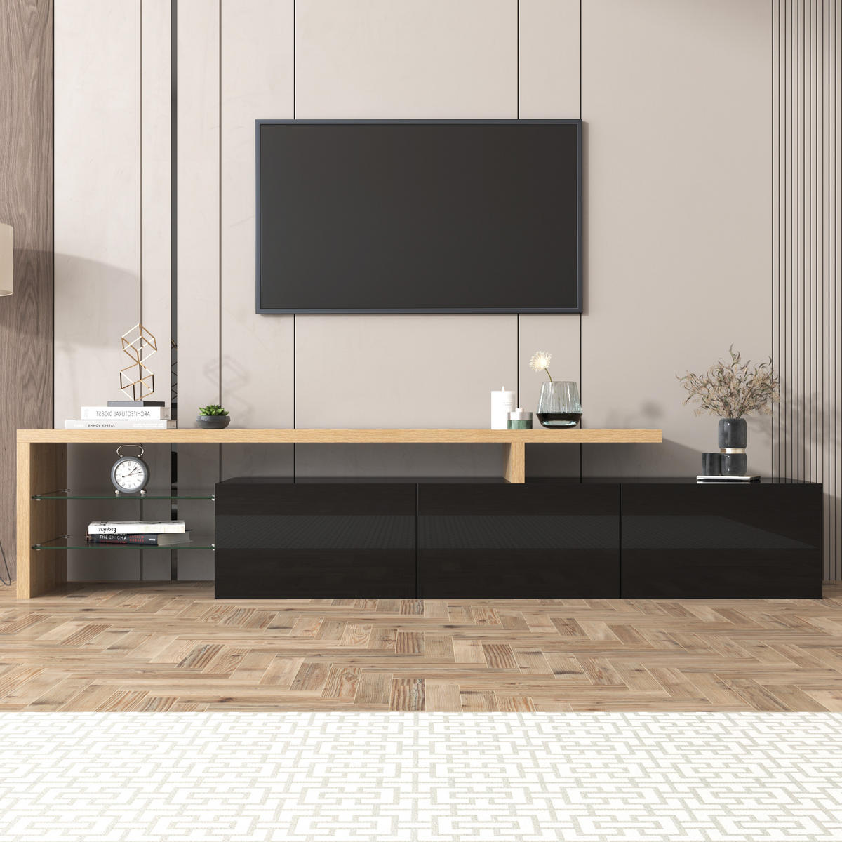 TV-SCHRANK und Glas in Schwarz Hochglanz und Holzoptik mit LED 197.5/39/42 cm - Schwarz, Holzwerkstoff (197.5/42/39cm) - Redom