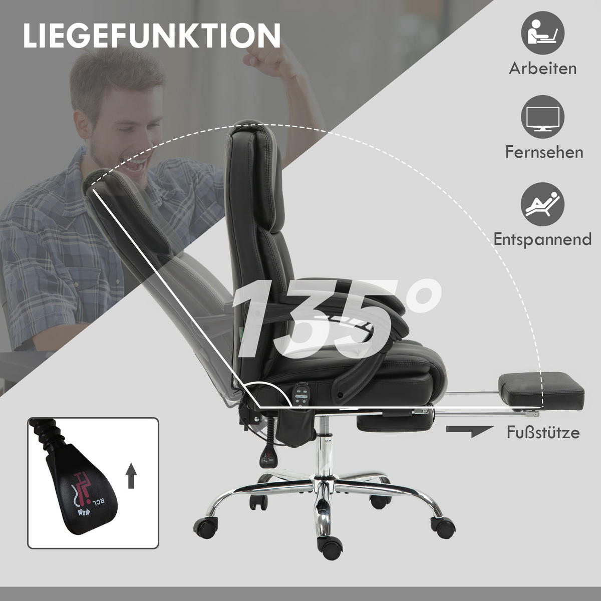 BÜROSTUHL DE-05209 Massage, Wärme & Fußstütze Schwarz - Schwarz, Metall (67/126/66cm) - ComfortXL