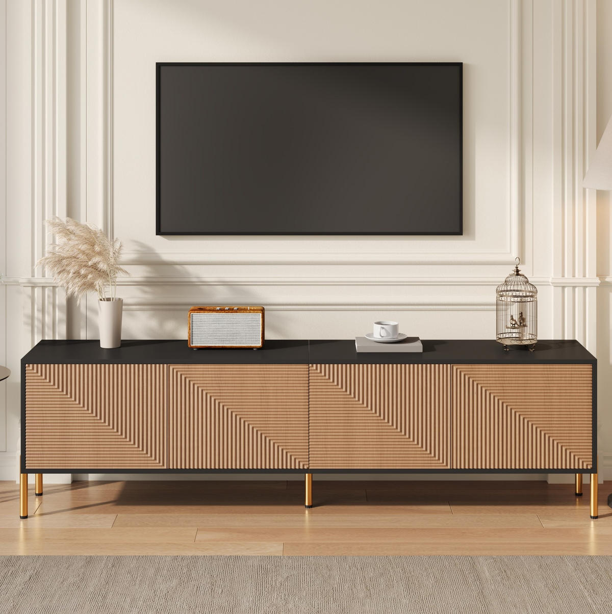 TV stolek 179/35/53,5 cm s uzavřeným úložným prostorem a zlatými kovovými nohami, Černá / Přírodní - světle hnědá, kompozitní dřevo (179/53.5/35cm) - Redom