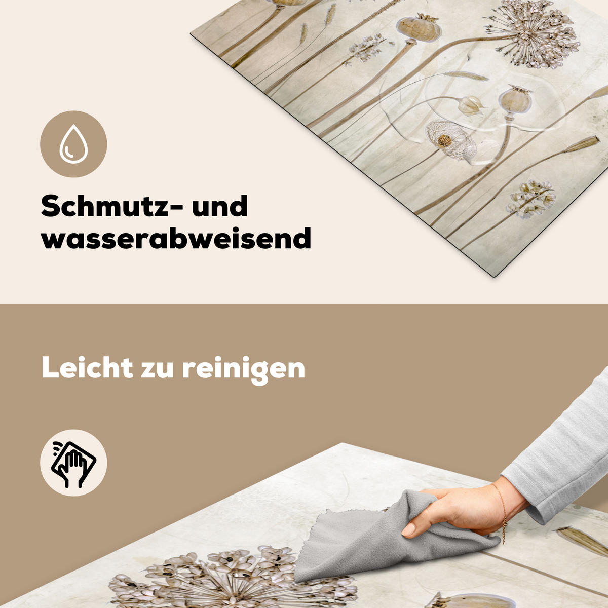 HERDABDECKPLATTE Blumen - Aquarell - Stilleben - Braun - Vintage 75x52 cm - Sandfarben, Kunststoff (75/52/0.2cm) - MuchoWow