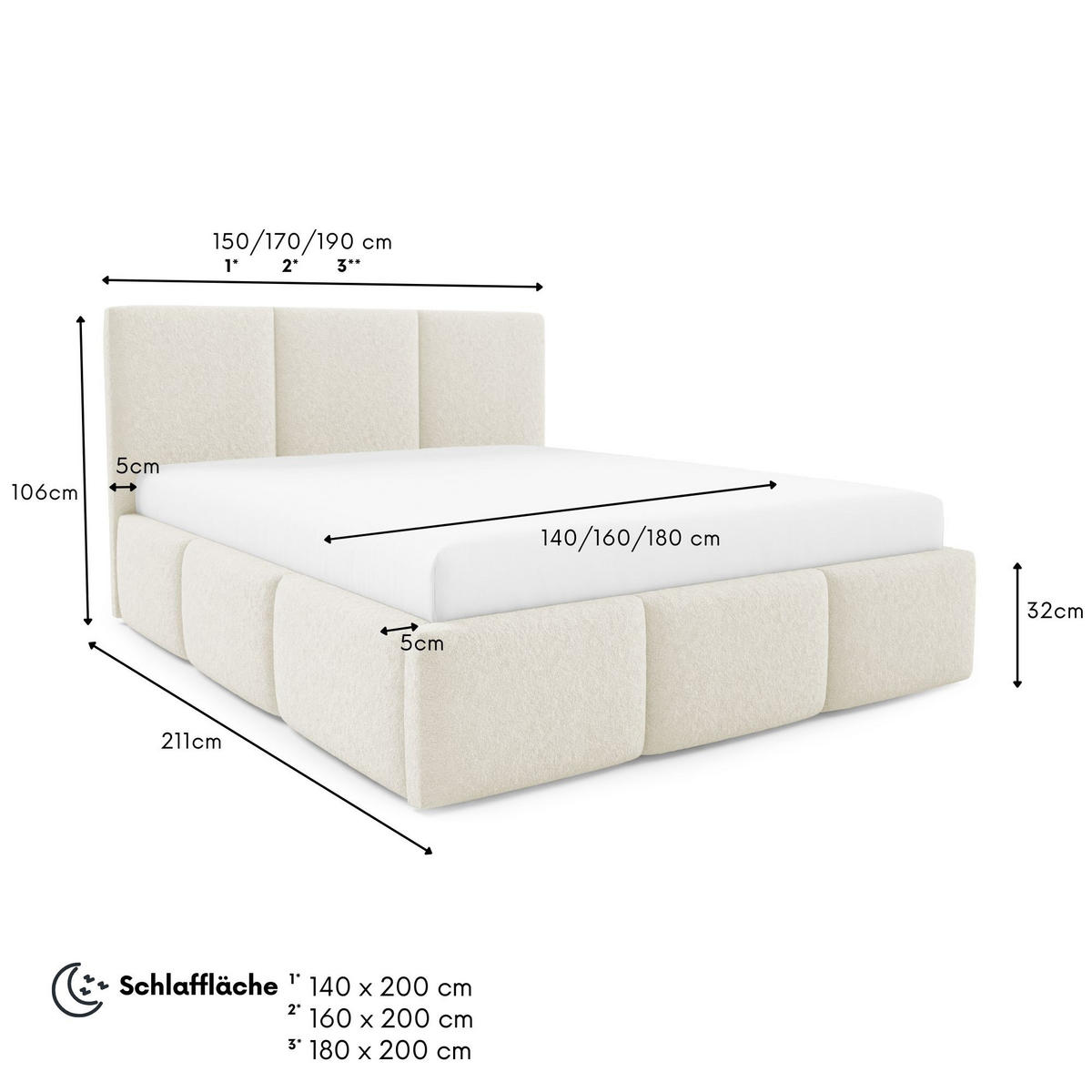 POLSTERBETT VALERIO mit Bettkasten, Bett 180x200,Doppelbett,Lattenrost,Boxspringbett-Optik,ohne Matratze,Schlafzimmer-Creme - Creme, Holz (180/200cm) - Furnistar