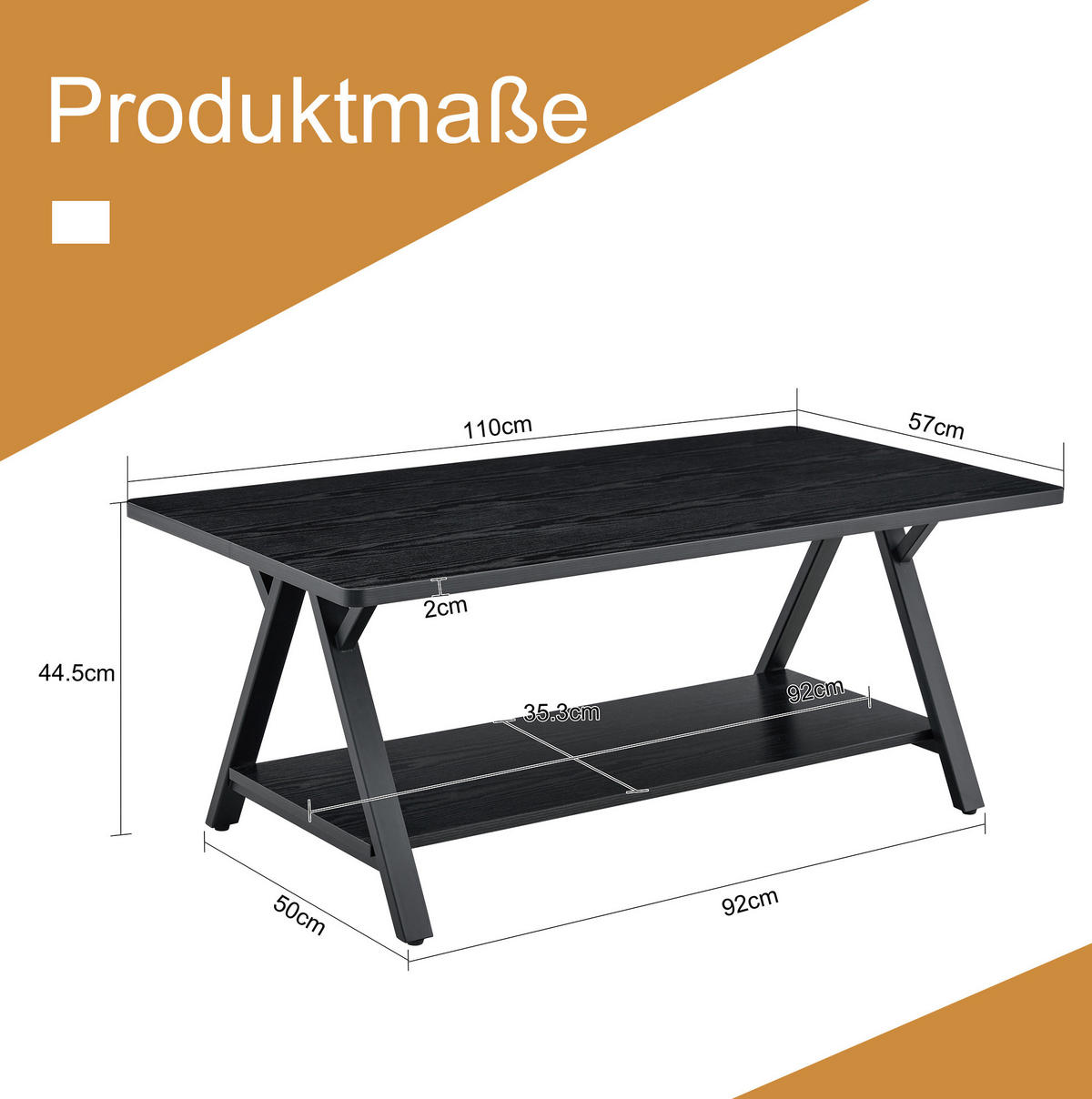 COUCHTISCH aus MDF und Metall 110x57x44,5 cm in Schwarz mit Stauraumablage - Schwarz, Holzwerkstoff (110/57/44.5cm) - Modfu