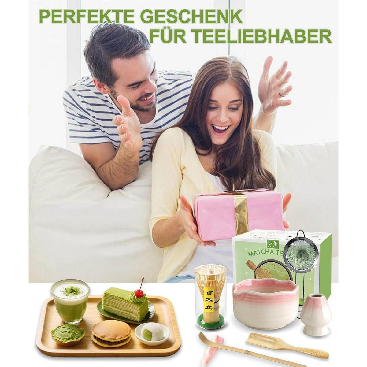 MATCHA Set 7-teiliges Set Keramikschale Bambusbesen Rosa - Rosa, Keramik (15/10/15cm)