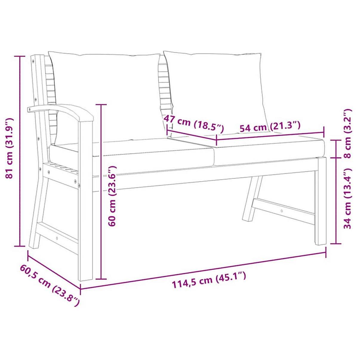 GARTENBANK 114,5 Cm Mit CremeWeißen Kissen Massivholz Akazie - Braun, Textil (60.5/81/114.5cm) - vidaXL