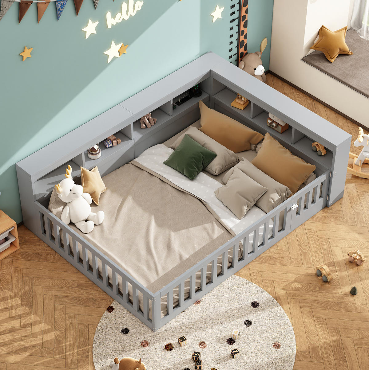 KINDERBETT aus Spanplatte 140x190 cm in Grau mit USB & Steckdose - Grau, Holzwerkstoff (140/190cm) - Modfu