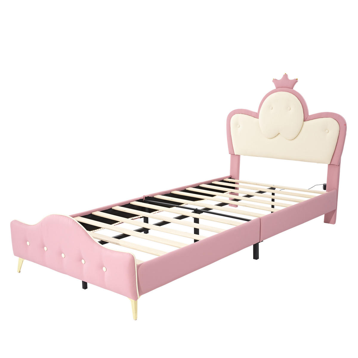 KINDERBETT 90/200 cm mit LED-Lichtleiste, weichen Schutzkanten und Kronen-Kopfteil aus PU, Rosa/Weiß - Weiß, Kunststoff (90/200cm) - Redom