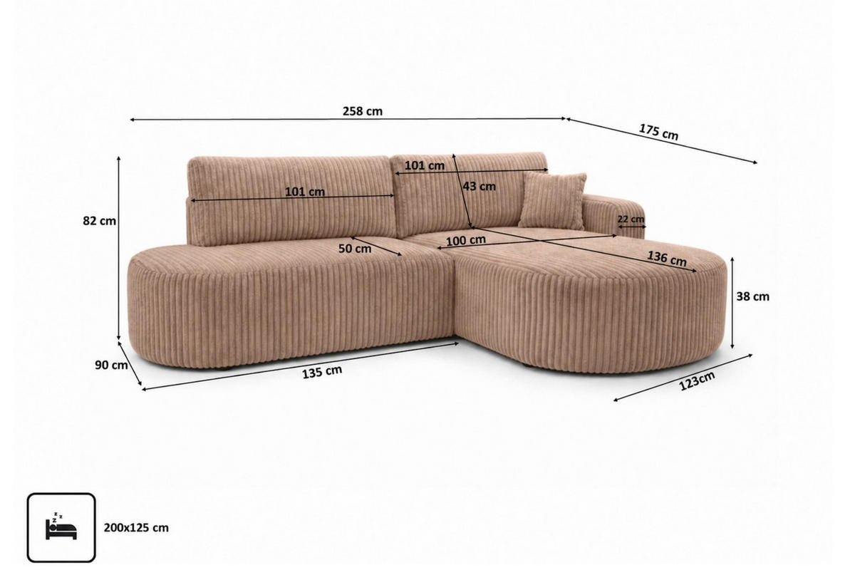 ECKSOFA Mit Schlaffunktion Und Bettkasten, Cordstoff Tilia, Braun, Rechts, ROUND ONE OPEN XL - Braun, Holz (258/175cm) - Kaiser Möbel
