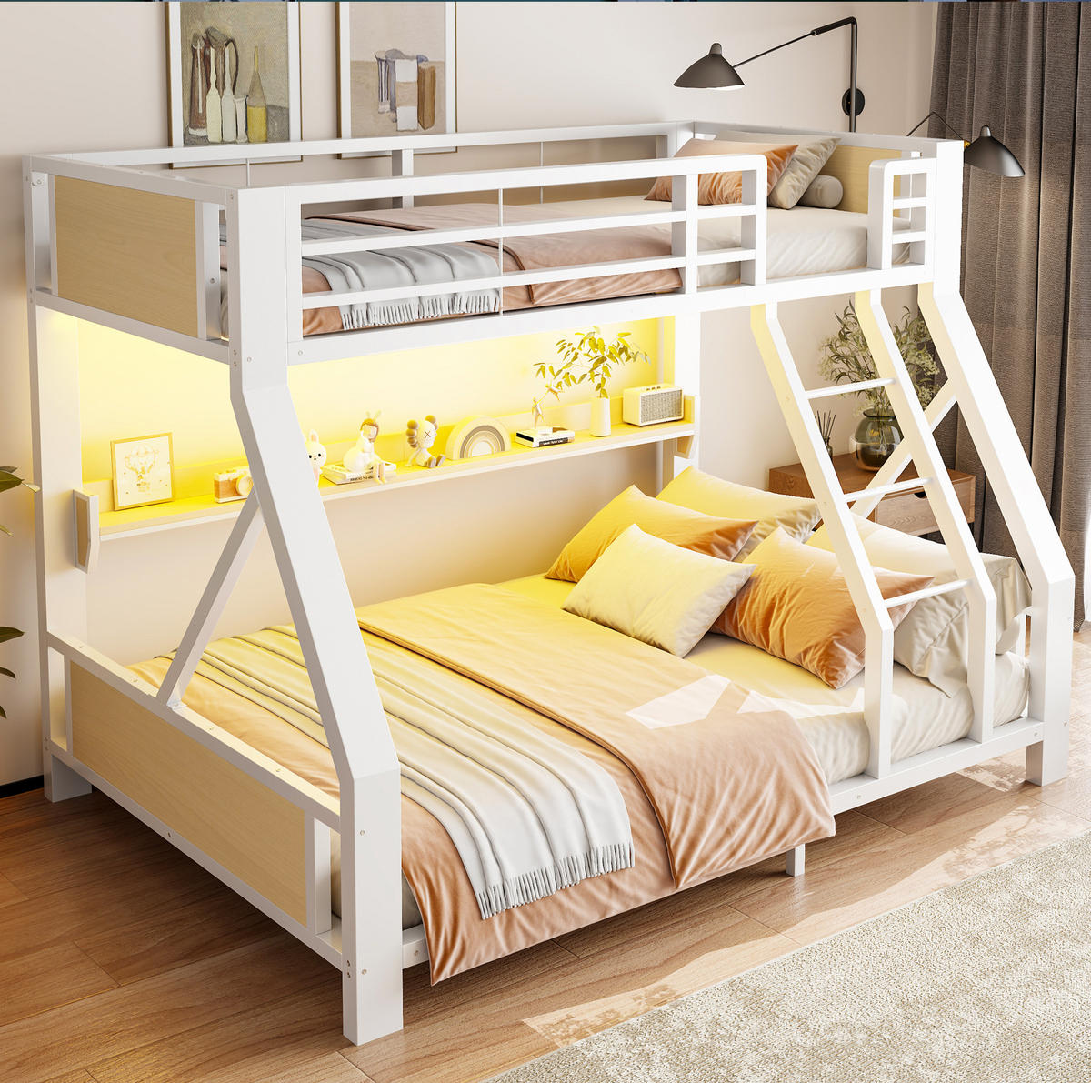 ETAGENBETT aus Metall und Holz 90x200/140x200 cm Weiß mit LED-Beleuchtung und Ablagefach - Weiß, Metall (90/200cm) - Modfu