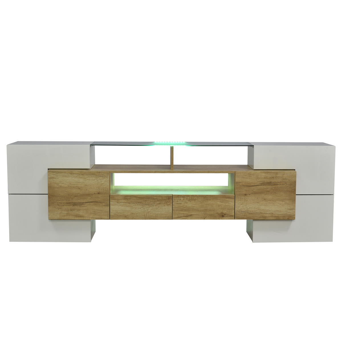 LOWBOARD TV-Schrank Hochglanz Weiß Holzoptik mit 6 Türen 2 Schubladen LED Glas MDF modern groß Stauraum - Naturfarben/Weiß, Glas/Holzwerkstoff (200/60/30cm) - EVRYAE