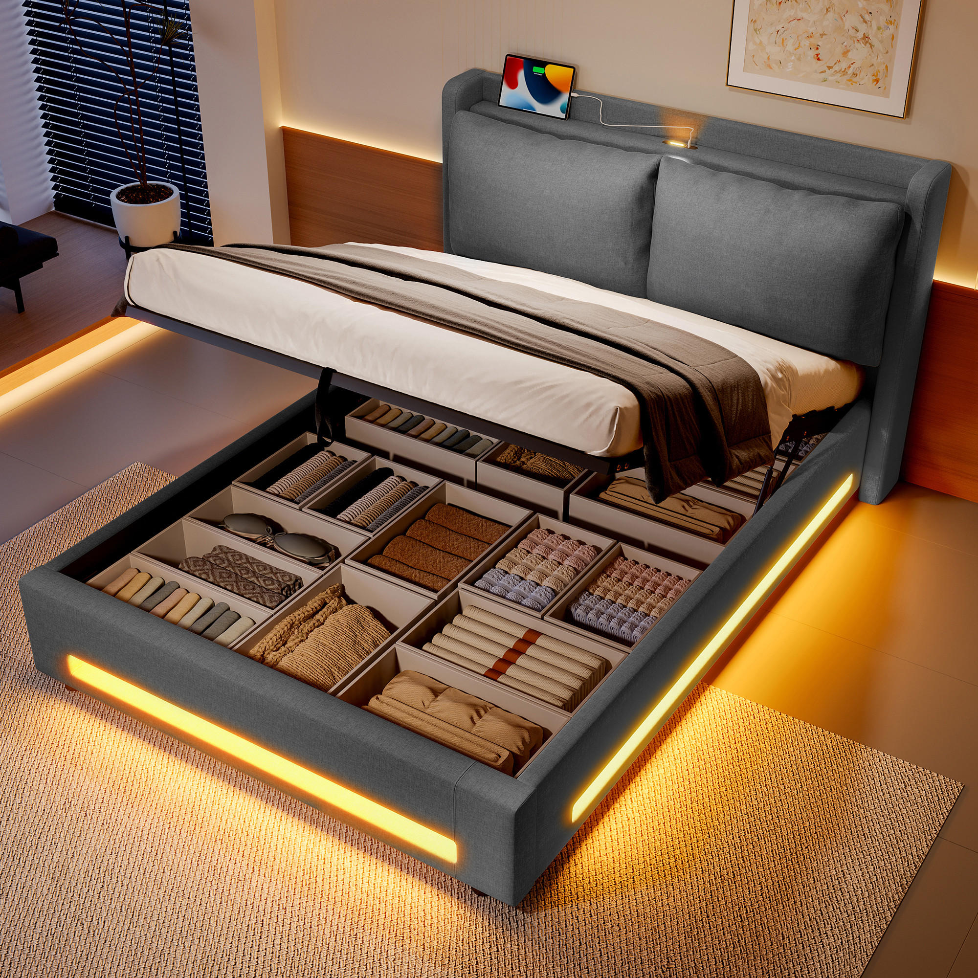 POLSTERBETT 140x200 cm LED USB Stauraum - Dunkelgrau, Textil (140/200cm) - LEBENLANG