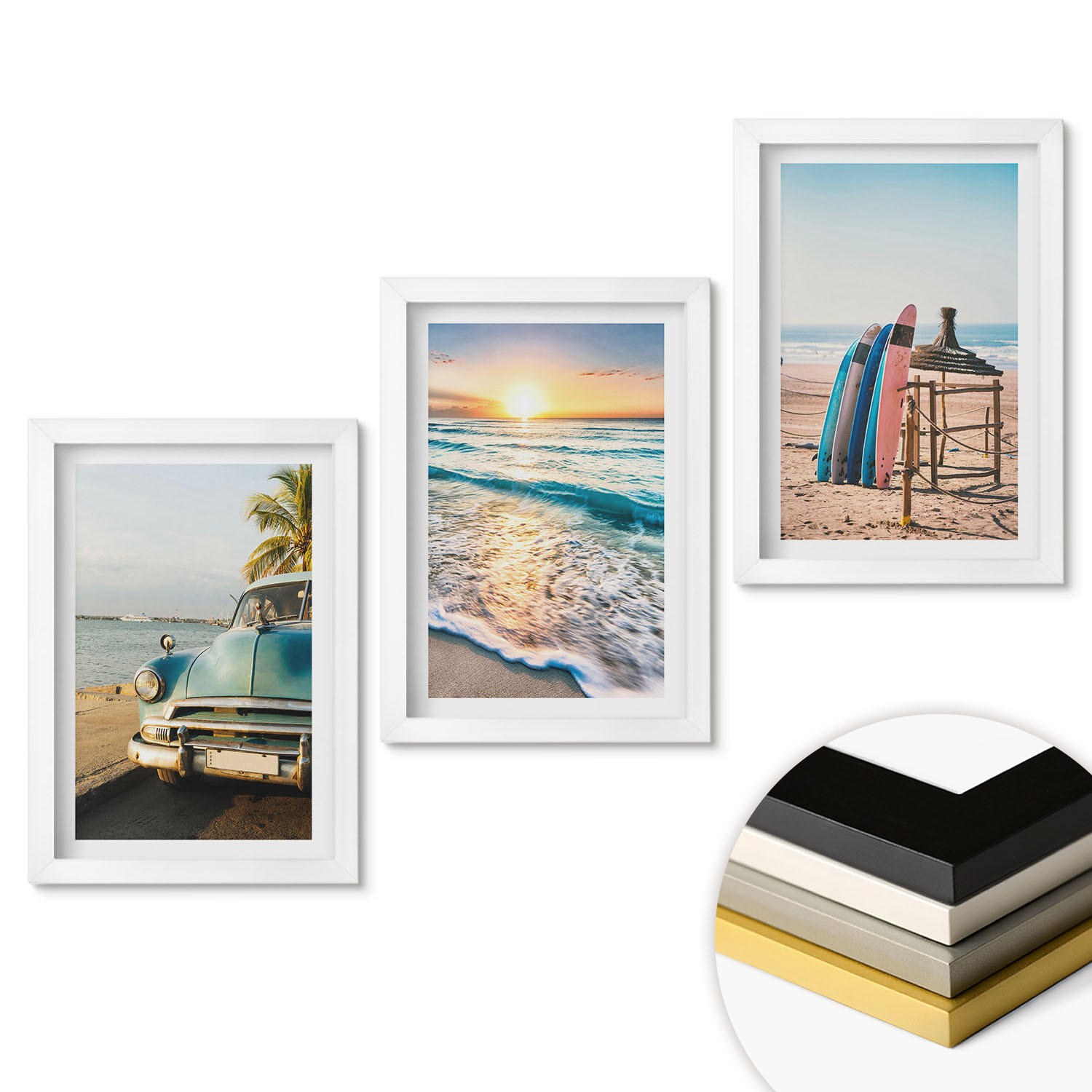 WANDBILDER 3er-Set - 20x30 cm Weißer Rahmen - Sonnenuntergangsurlaub in Miami - Weiß, Kunststoff (20/30cm) - ArtPrintCave