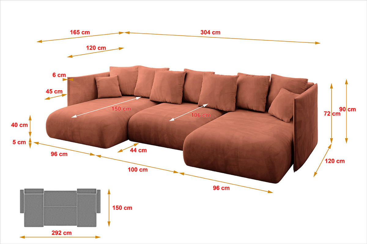 WOHNLANDSCHAFT mit Schlaffunktion und Bettkasten ONESK-U 304x165x40 Apricot Velours - Koralle, Holzwerkstoff/Kunststoff (304/90/165cm) - ALTDECOR