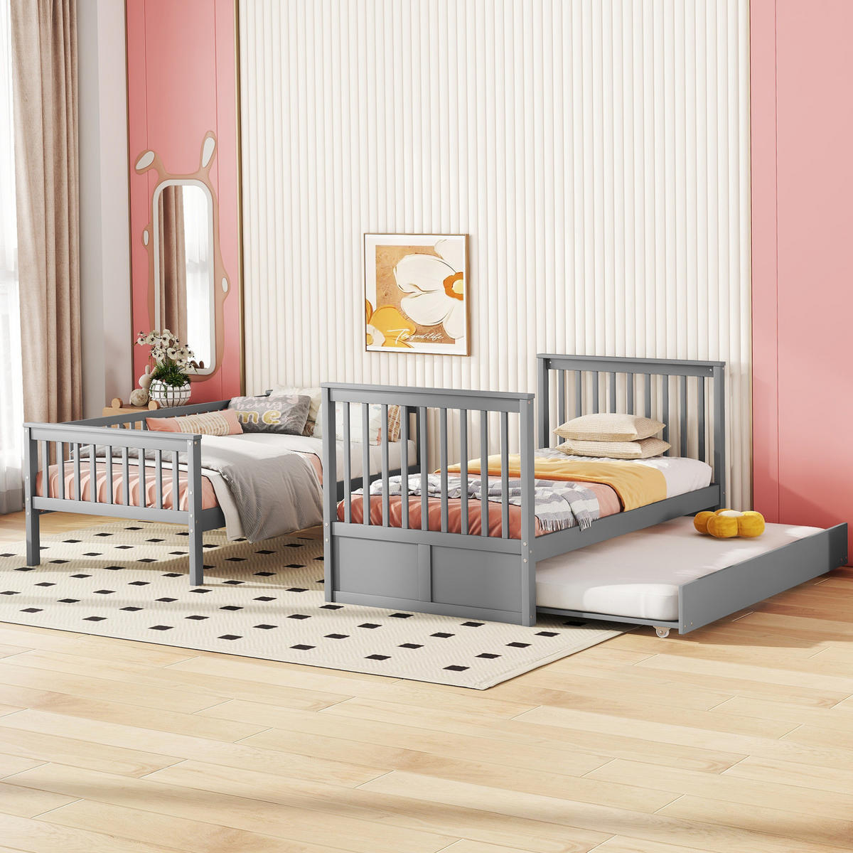 ETAGENBETT mit Ausziehbett 90x200 cm Kiefernholz Grau - Grau, Holzwerkstoff (90/200cm) - Beauniv
