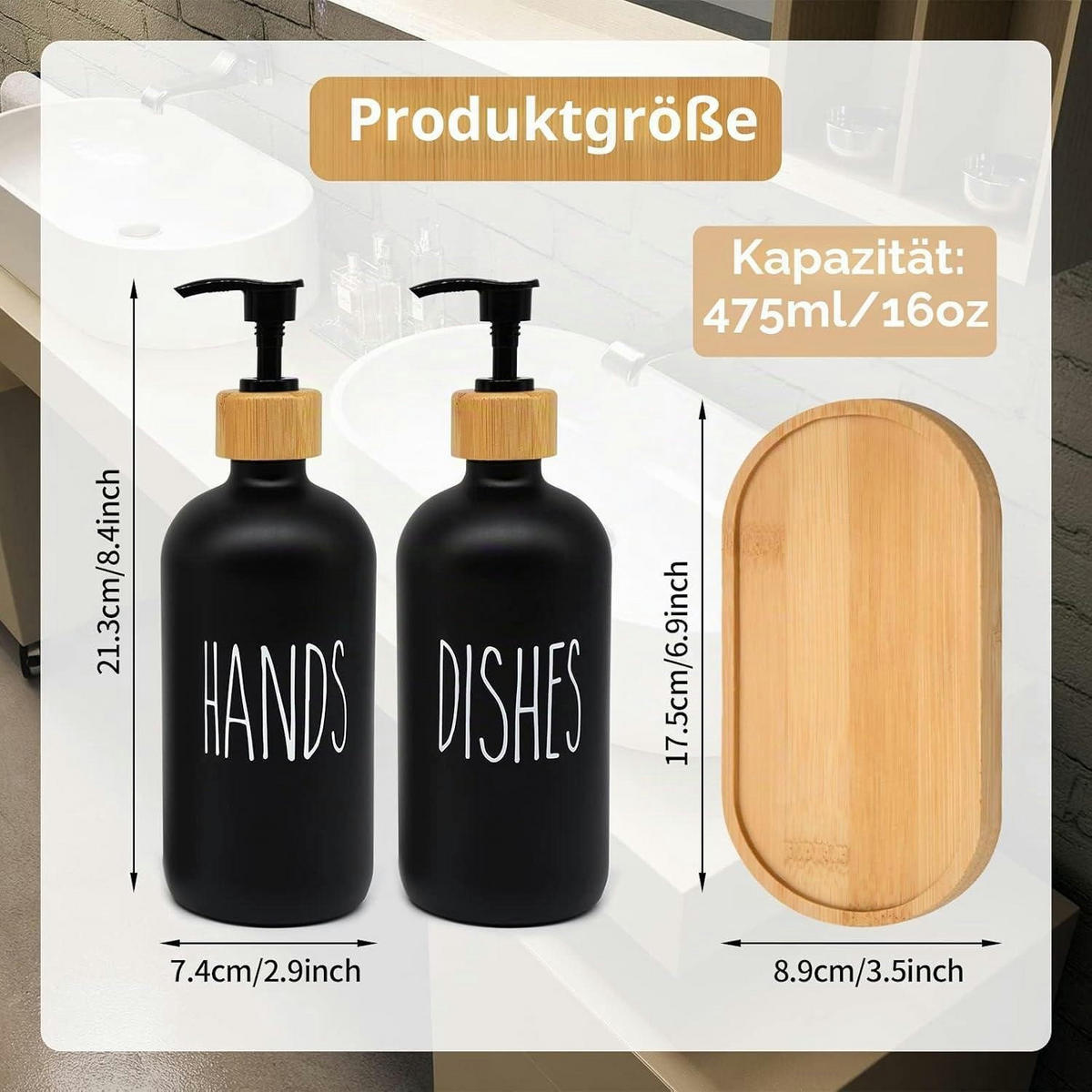 SEIFENSPENDER Set 2-teilig Glas Schwarz Matt mit Holz Tablett 500ml - Schwarz, Glas (10/18/15cm)