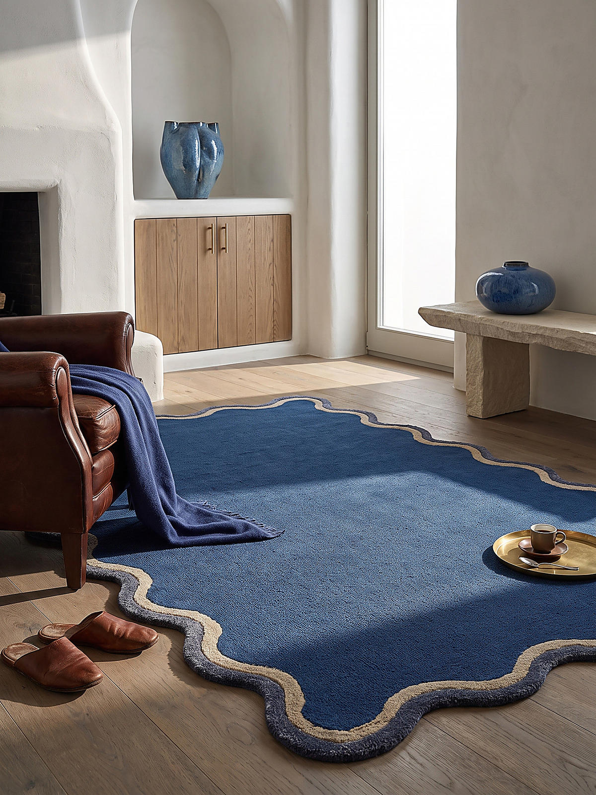 WOLLTEPPICH handgetuftet ALHAM, Wellenbordüre, Marineblau, 120 x 170 cm - Blau, Textil (120/170cm) - KADIMA DESIGN