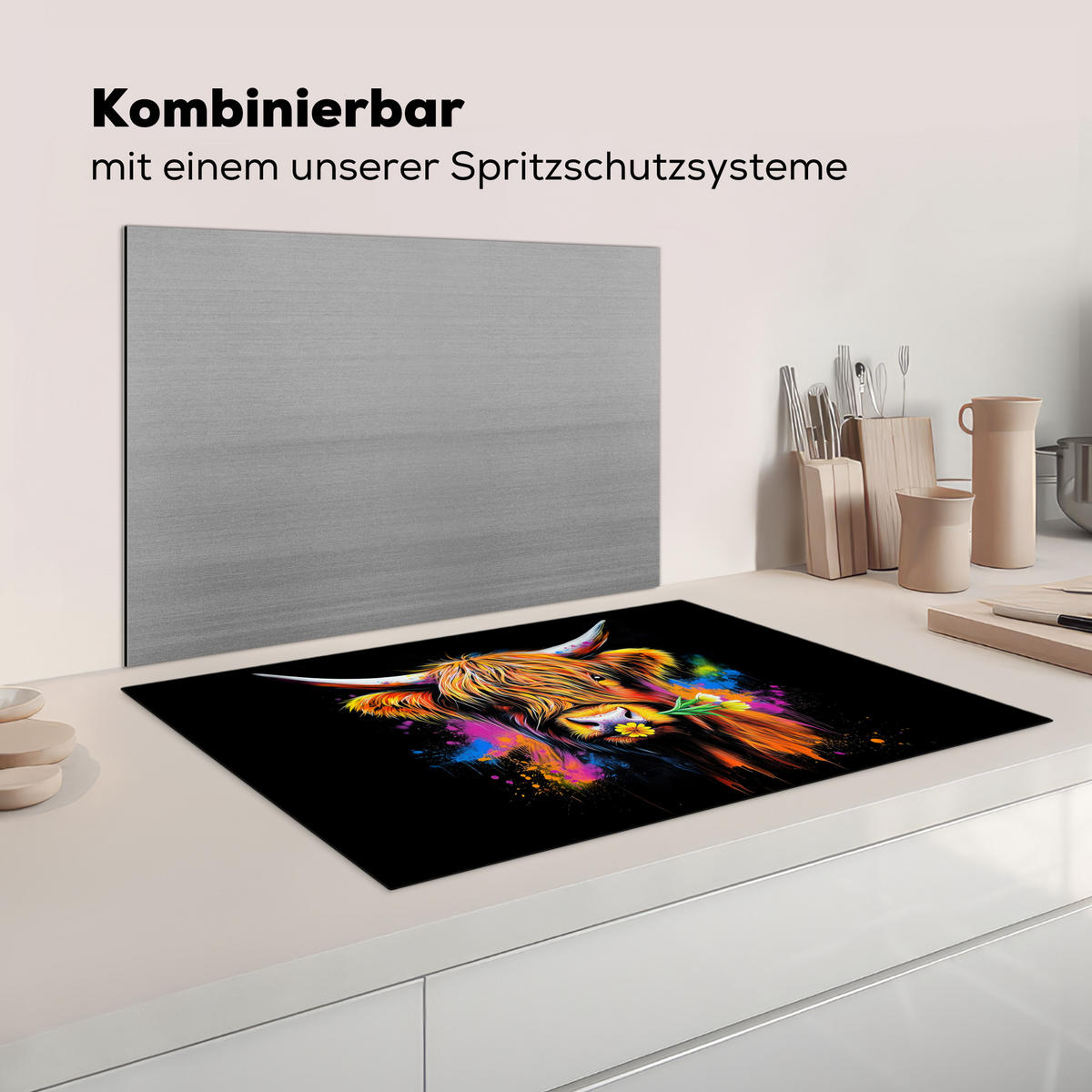 HERDABDECKPLATTE Schottischer Highlander - Graffiti - Bunt - Blume - Tiere Induktionsmatte 81x52 cm - Multicolor, Kunststoff (81/52/0.2cm) - MuchoWow