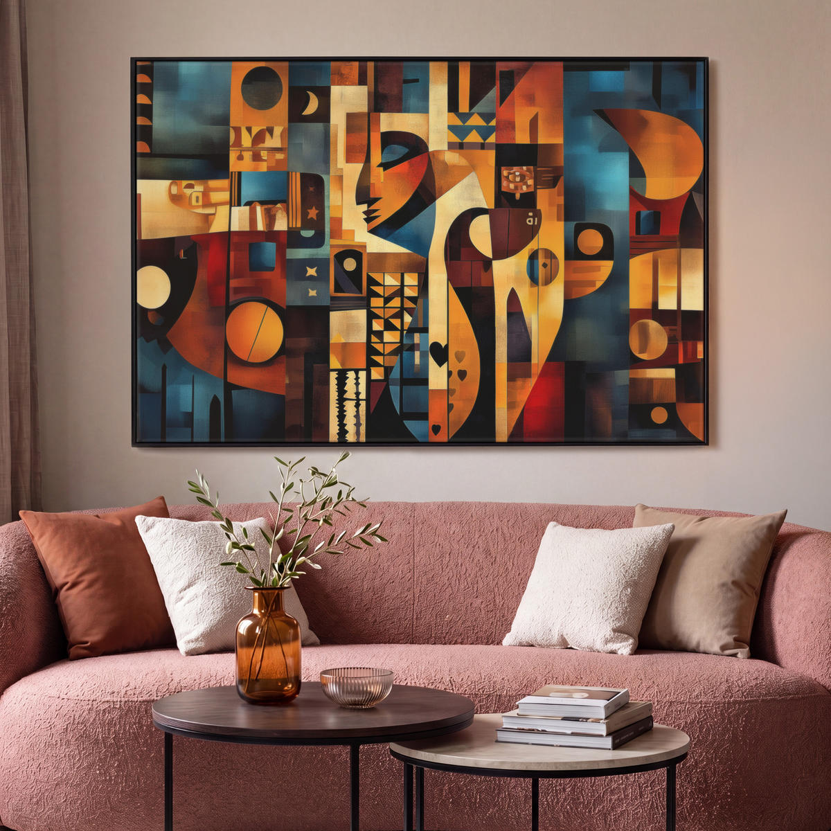 LEINWAND Bilder mit Rahmen - Figuren - Abstrakt - Symbole - 150x100 - Terracotta, Textil (150/100cm) - MuchoWow