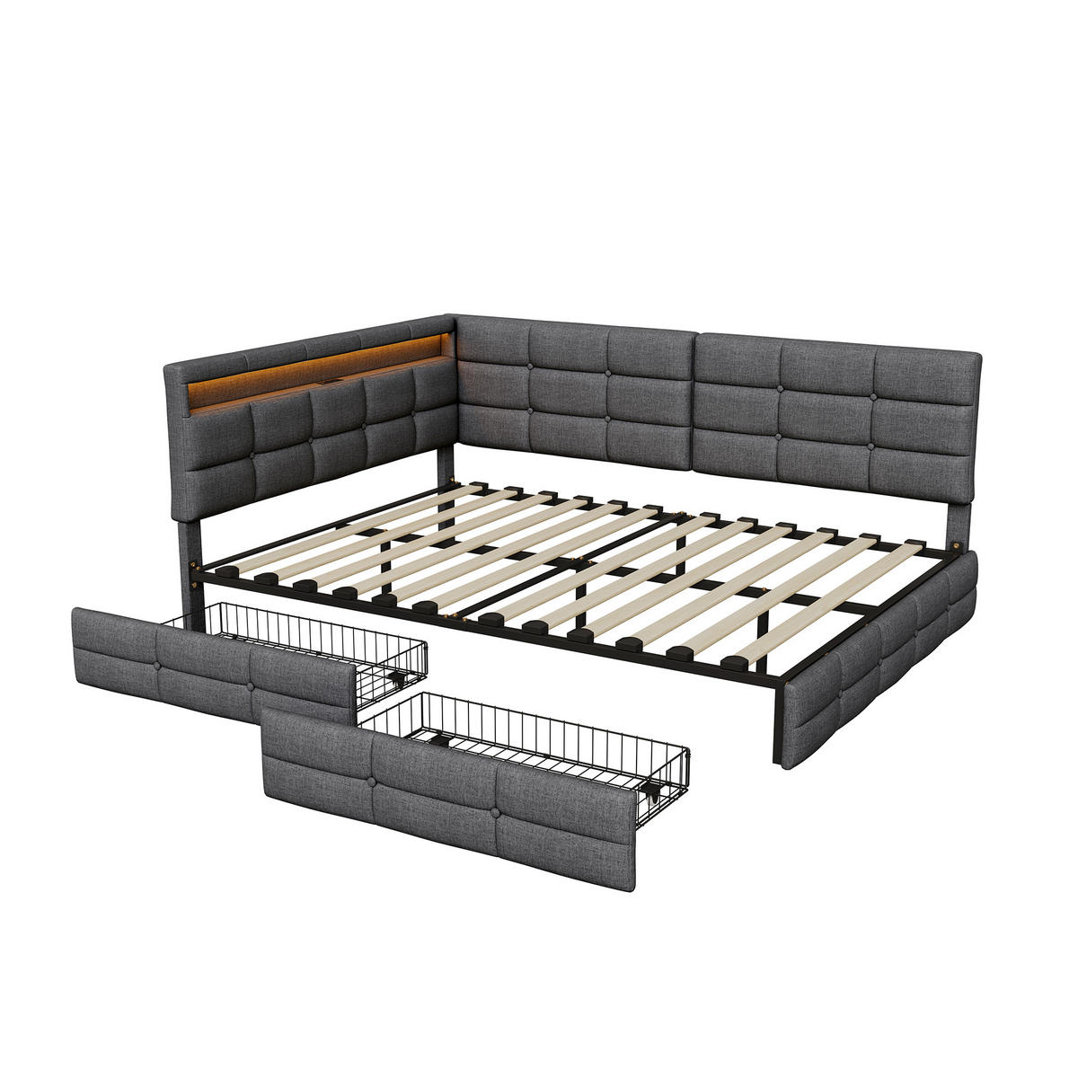 POLSTERBETT 140x190 cm Tagesbett mit 2 Schubladen, LED & USB, Doppelbett mit L-förmigem Kopfteil, Grau - Grau, Metall (140/190cm) - EuroLiving