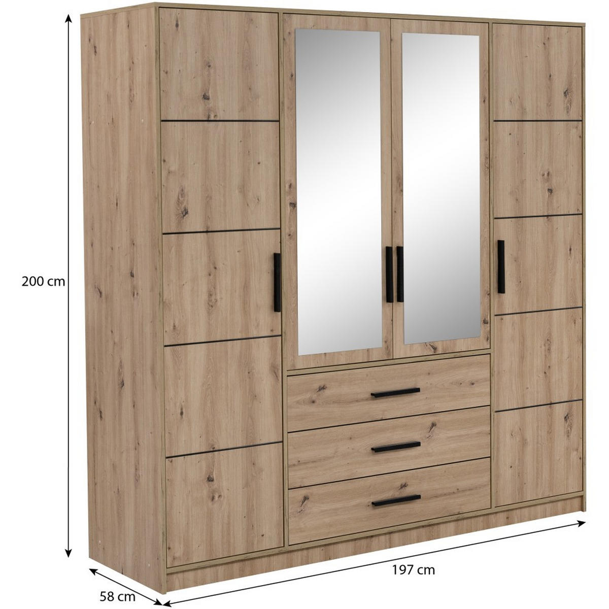 DREHTÜRENSCHRANK Kavo mit Spiegel und 4 Türen, eiche Artisan - Schwarz/Eiche Artisan, Holzwerkstoff (200/200/58cm) - Beautysofa