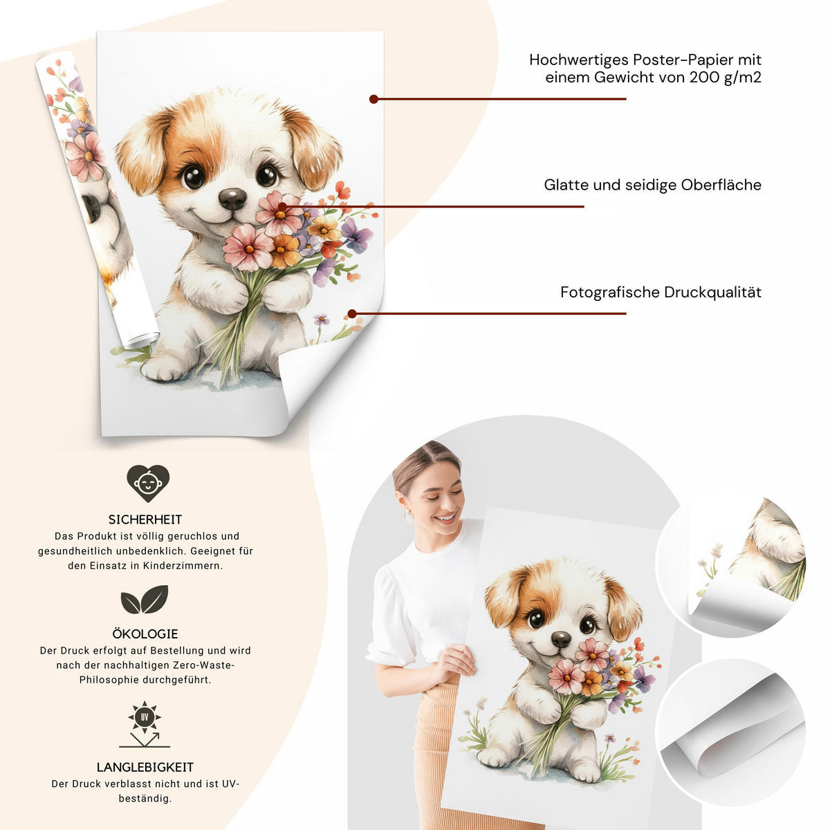 POSTER SET für Kinderzimmer HUNDE Welpen Blumen Tiere 3x Poster A4 21x30cm - Beige/Rot, Papier (21/30/1cm) - Muralo