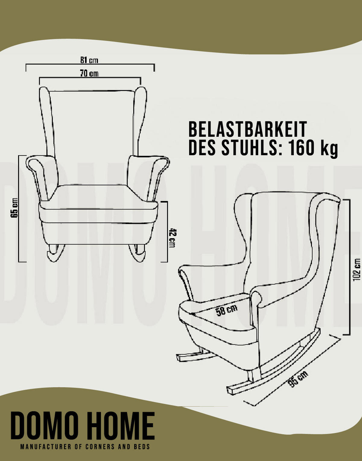 SCHAUKELSESSEL mit gepolstertem Sitz und Armlehnen, 102x81x95 cm, Grün_29845 - Salbeigrün/Braun, Holz/Textil (81/102/95cm) - DomoHome