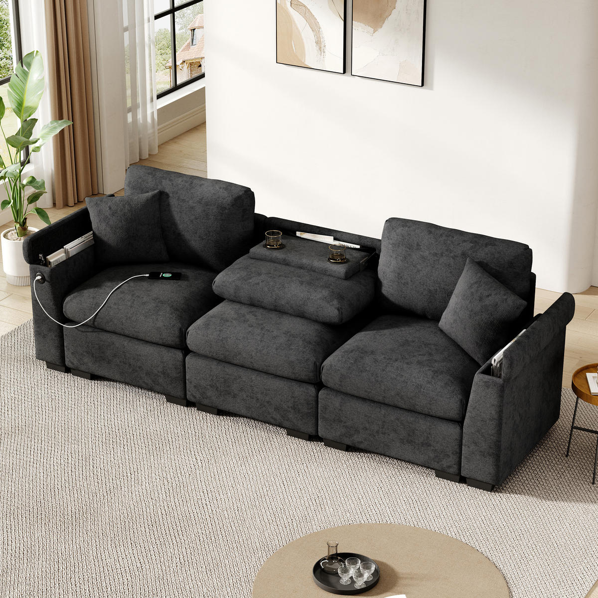 3-SITZER SOFA Chenille Grau mit USB, Stauraum und Kissen - Grau, Holzwerkstoff/Kunststoff (242/99/80cm) - WISHDOR